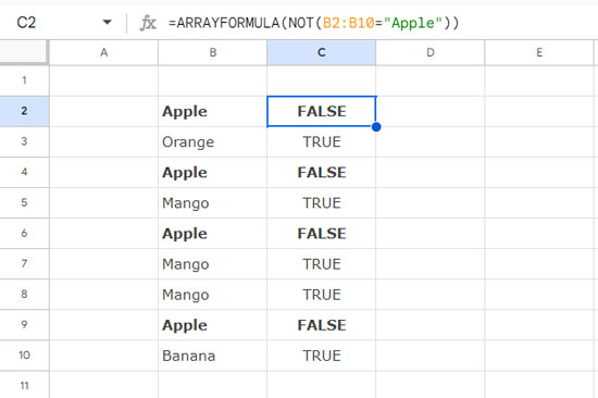 NOT function with ARRAYFORMULA usage in Google Sheets