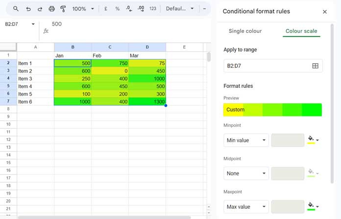 Heat map (color scale) in Google Sheets