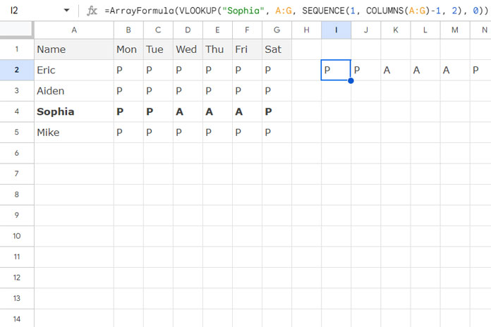 Dynamic columns using the COLUMNS function in VLOOKUP in Google Sheets