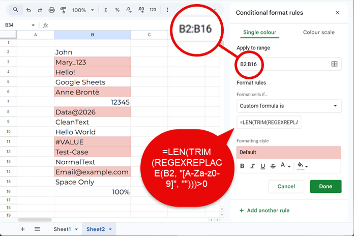 Highlight cells containing special characters in Google Sheets using conditional formatting
