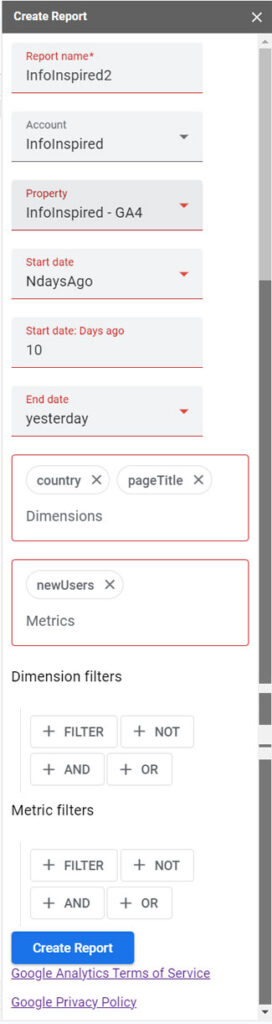 GA4 Report Builder configuration settings to import new users by country for the last N days