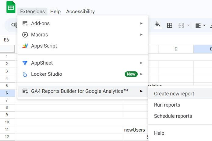 Menu options for GA4 Reports Builder in Google Sheets