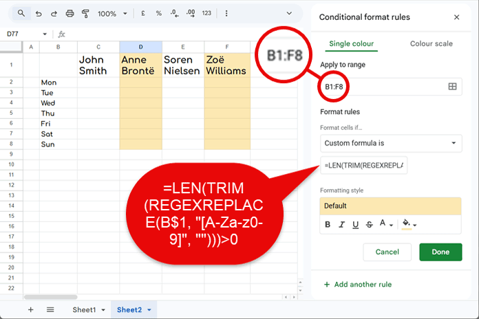 Highlight entire columns with special characters in Google Sheets using conditional formatting