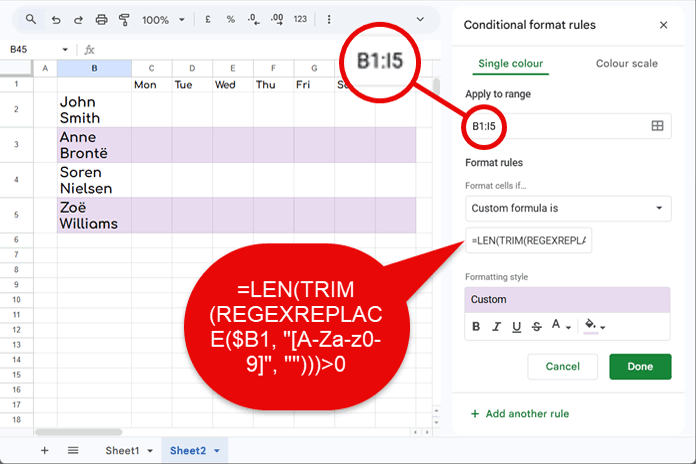 Highlight entire rows with special characters in Google Sheets using conditional formatting