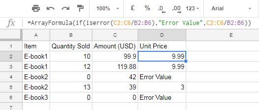 Example of Using the ISERROR Function in an Array Formula in Google Sheets
