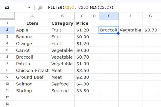 Find All Lowest-Priced Items from a Unique List in Google Sheets