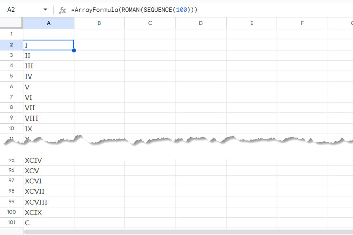 Using Roman numerals as serial numbers in Google Sheets