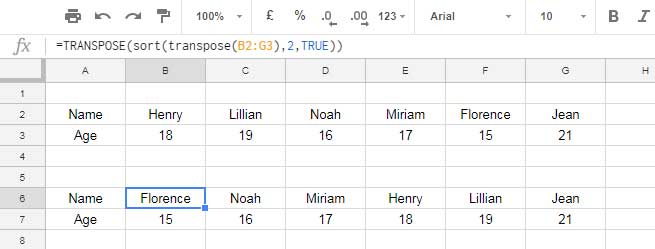 Sort Horizontal Table in Google Sheets Using Transpose