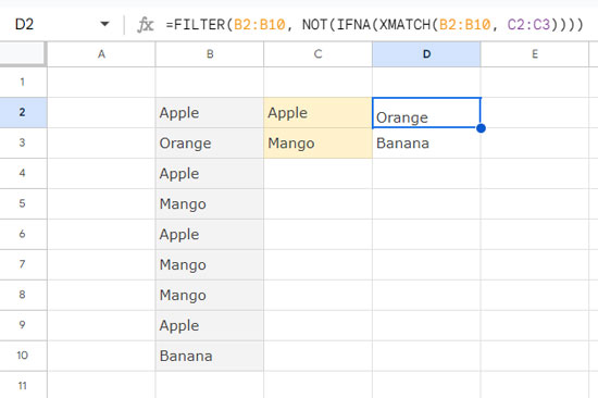 NOT function with FILTER function using multiple criteria in Google Sheets