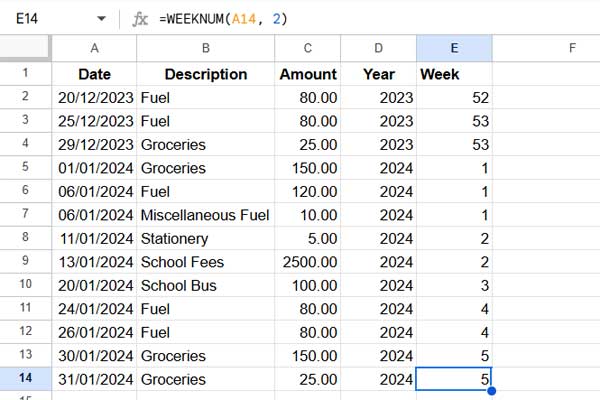 Helper columns displaying year and week numbers for each transaction