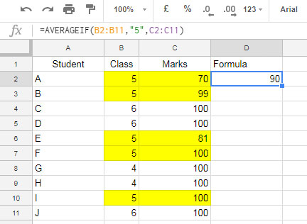 Using a number as a criterion in the AVERAGEIF function in Google Sheets