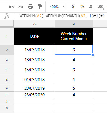 Calculate Week Number Within Month (1-5) in Google Sheets