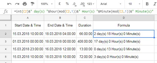 Example to find Day, Hours, Minute from Google Sheets Time Duration