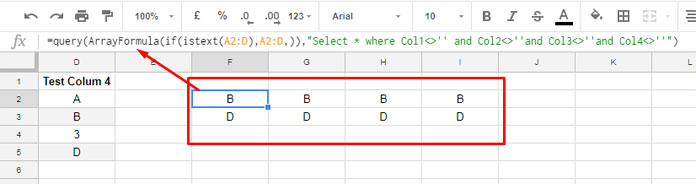 filtered rows that only contain text values in google sheets