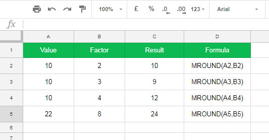 MROUND examples in Google Doc Sheets