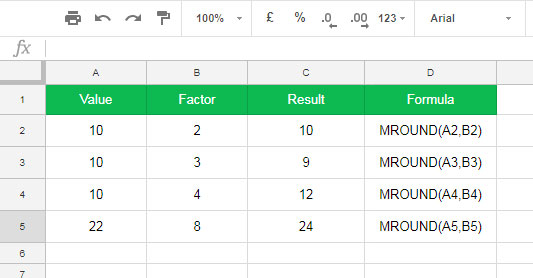 MROUND function examples in Google Sheets