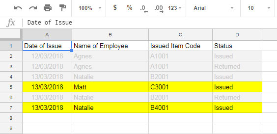 Store Issue and Return Tracking - Conditional Formatting
