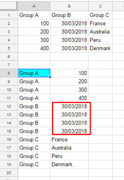 mixed data in stacking in google spread sheets
