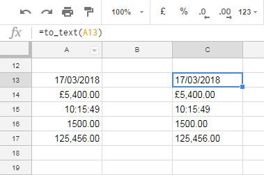 Example of TO_TEXT function in Google Sheets