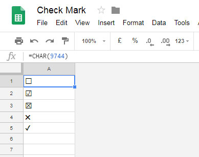 all useful check marks and tick marks in Google Sheets