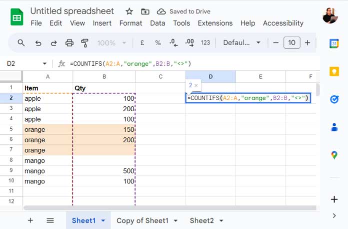 COUNTIFS Not Blank in Google Sheets