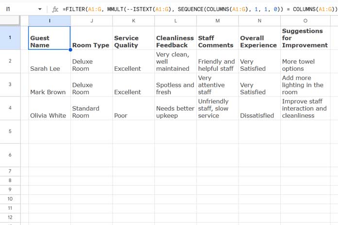 Filter Formula to Extract Rows Where All Columns Contain Text-Based User Feedback