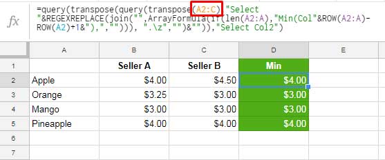 Find minimum value in each row in google sheets for different ranges