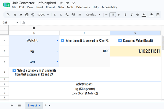 Google Sheets Unit Converter template with category and unit drop-down lists
