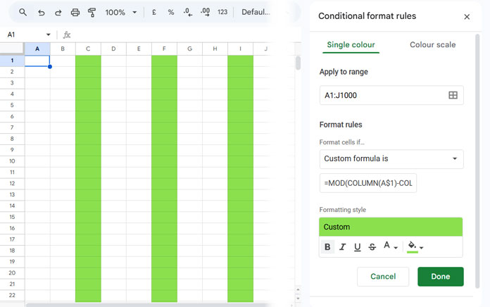 Highlighted every nth column in Google Sheets, starting from the first column