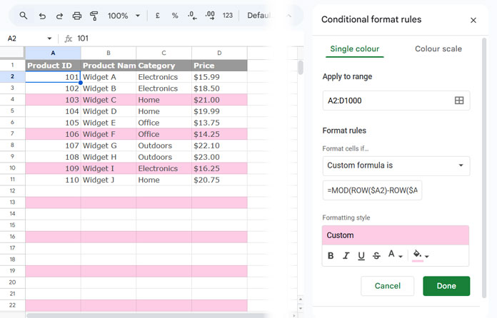 Highlighted every nth row in Google Sheets, starting from the second row