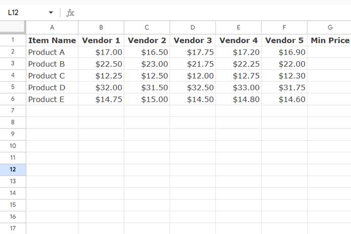 Sample data demonstrating the use of the MIN function in arrays in Google Sheets