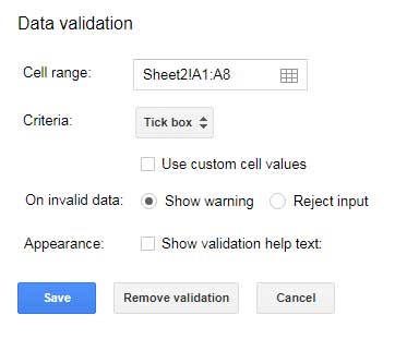 new data validation tick box settings