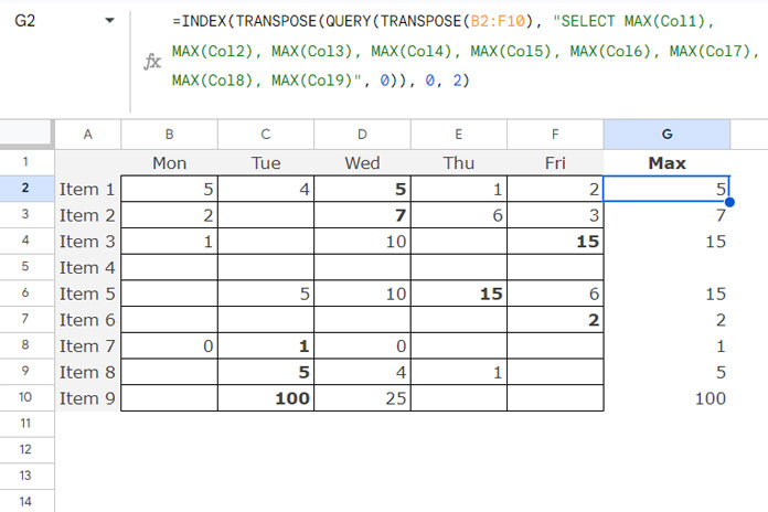 Find the maximum value in each row using the QUERY function in Google Sheets