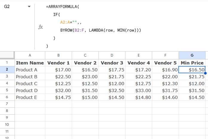 Example of finding row-wise minimum values using array formulas in Google Sheets