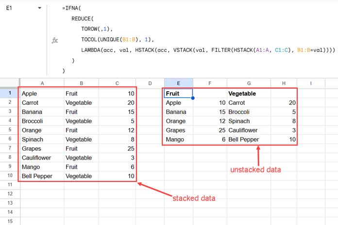 Example of three-column unstacked data in Google Sheets