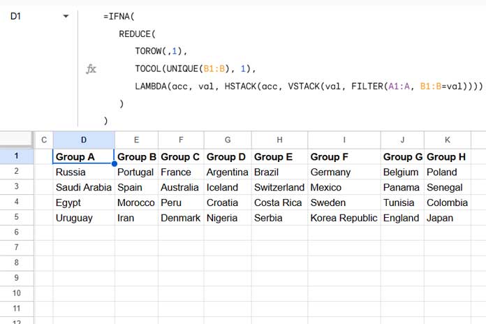 Example of two-column unstacked data in Google Sheets