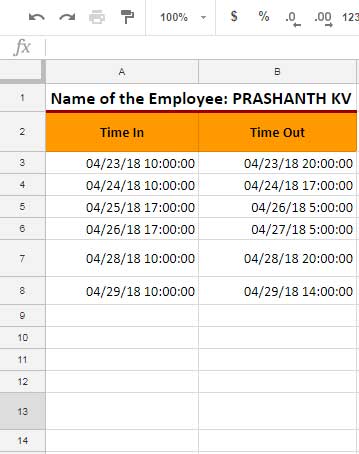 Day Wise Working Hours - Example Dataset