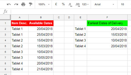 Lookup Earliest Dates of Delivery in Array