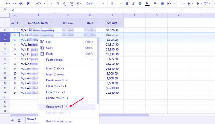 Example to group rows in Google Sheets