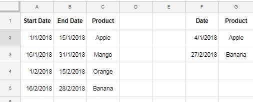 Example of looking up dates between start and end dates