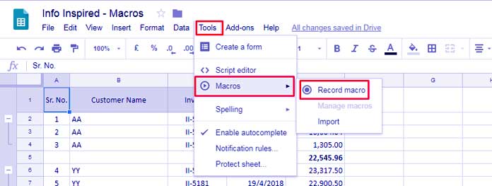 Macro in Google Sheets Tool Menu