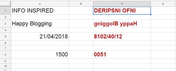 Example of reversing text and numbers in Google Sheets