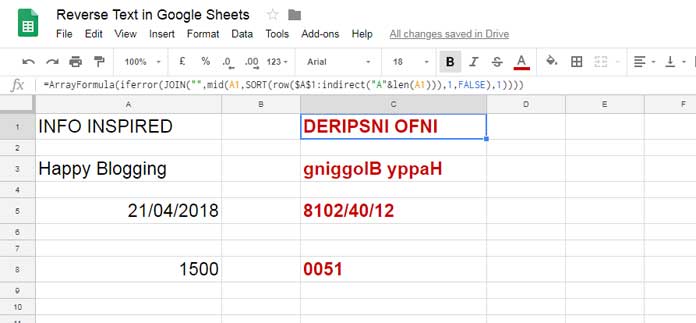 Reverse Text and Numbers in Google Sheets