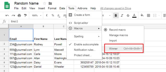 Pick a lottery, give away winners in Google Sheets