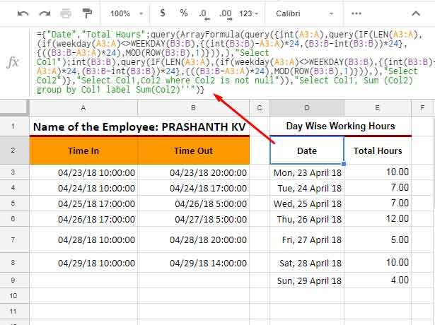 Total Day Wise Work Hours in Array in Google Sheets