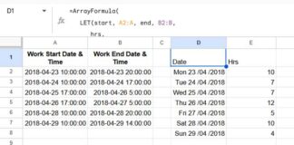 Example of calculating daily working hours in Google Sheets