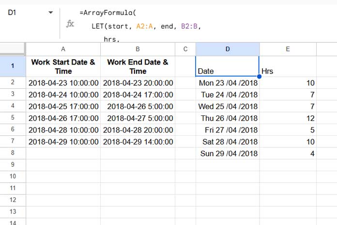 Example of calculating daily working hours in Google Sheets