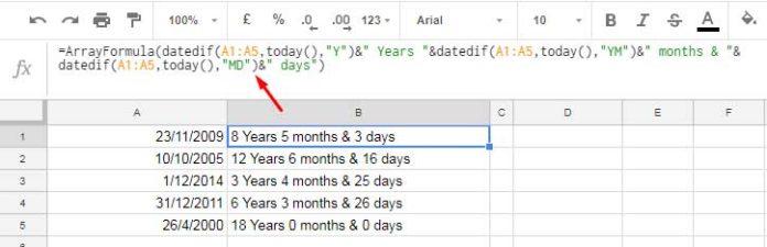 Calculate Age in Google Sheets (Array and Non-Array Formulas)