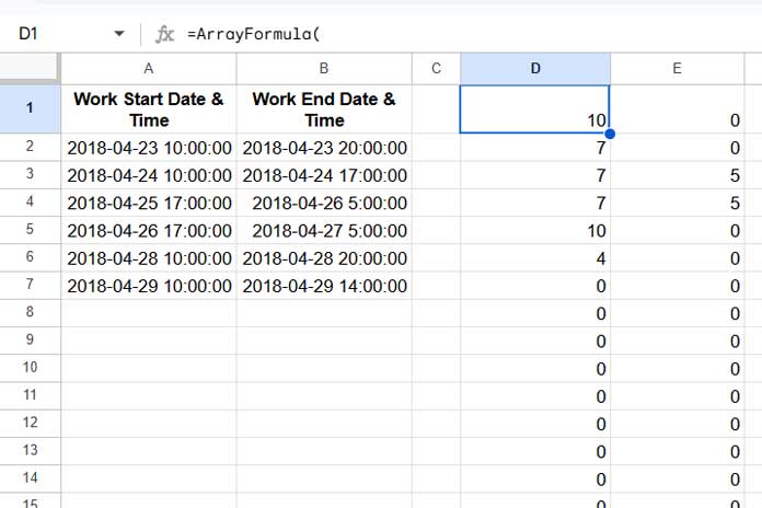 Extracting hours worked, including shifts spanning two days