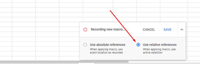 Screenshot of recording Macro in Google Sheets